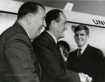 Hardesty greets Senator Randolph and Vice President Hubert H. Humphrey at Hart Field, Morgantown.