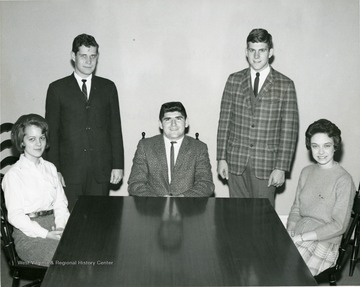 A student party meeting: from left to right Sarah Meek, Charles Walls, Russ Williams, David Hardesty and Sandra Buckley.