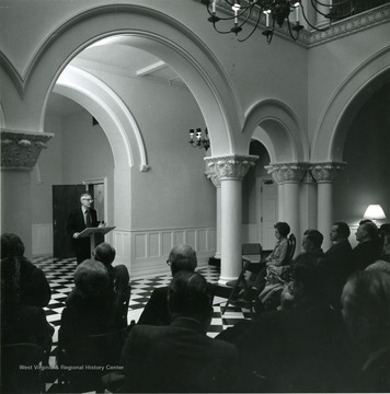 President Irvin Stewart speaks at the dedication of Stewart Hall. 