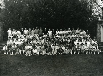 A group portrait of attendees of WVU student leadership conference held at Jackson's Mill in 1958.