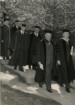 Inauguration principals in the academic procession, from left to right: Dr. Stewart, Dr. Conant, Dr. Bush, Mr. Salvati, Mr. Spurr and Mr. Neff.