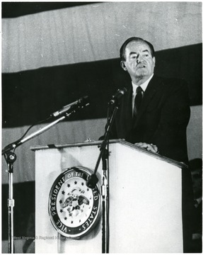 The Vice President of the United States Hubert Humphrey speaks at WVU for 100th Anniversary events.