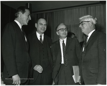 'The four main speakers of the Dec. 6, 1967 seminar on the Future of Graduate Education at WVU are shown from left to right, including: Allan Carter, Chancellor and Executive Vice-President of New York University; Everett Walters, Vice-President for Academic Affairs of Boston University; Moody Prior, Graduate Department of English at Northwestern University; and W. Gordon Whaley, Dean of the Graduate School of the University of Texas.'
