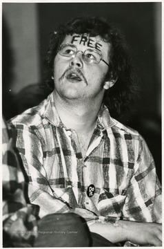 Vietnam War protester with 'Free' written on his forehead at William Kunsler's speech in Mountainlair.