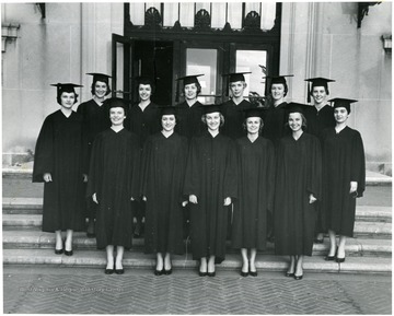 Note attached to back says: 'To: Mr. Glenn D. Bengston From: Betty Boyd This picture was taken on Link Day, 1958; It is Mortar Board 1958-59. Front Row, left to right: Frances Barnes Cox, Rosalie Fuscaldo Gaziano, Dreama Wyant Frisk, Elise Pettrey McWhorter, Barbara Sayre. Second Row, left to right: Hester Chandler Harrison, Vicki Vickers Douglas, Maria Sagris, Mary Ann Bornmann Wollerton, Ruth Ann Booth, Emily Kay Martin, Mary Sue Gilkeson, Mary Manolakis.'