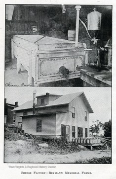 Two shots of Cheese Factory, exterior and interior.  In interior shot, it shows a big vat, and in exterior shot shows milk cans on a porch.