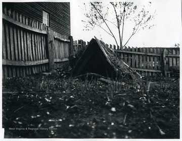 A view of root cellar in a yard.
