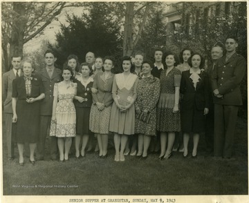 Group of Journalism Students at Supper at Graegstan, Sunday, May 9, 1943. "Second from right, back, Perley Isaac Reed, Mrs. Reed (Elizabeth Frost), far left front row standing."