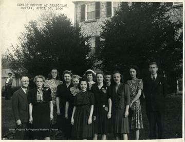 Senior Supper at Graegstan, students from the Journalism School at West Virginia University, Sunday, April 30, 1944. Front row, far left - Perley Isaac Reed, Mrs. Reed.