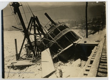 The Monongahela River frozen at Morgantown, W.Va., crushing the boat, the Valley Gem.