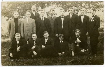 Students in a class of medical bacteriology in 1908; John L. Sheldon, standing third from left; A. J. Dadisman, standing second from left and Dr. Armstrong, fifth from left.