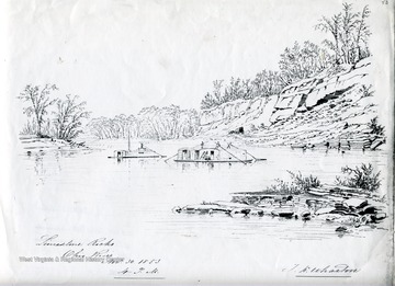 Shows boats and 'Limestone Rocks Ohio River, Nov. 30. 1853, 4 P.M.'