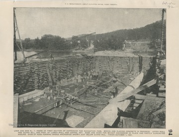 'U.S. Improvement, Great Kanawha River, West Virginia. Lock and Dam No. 7 - Inside of first section of cofferdam for navigation pass. Mixing and placing concrete in progress. Upper wall and guard sill, and part of lower wall and coping, set. Rods and disks for wicket anchorage in place and partly concreted around. Ends of rods forming bridge anchorage shown just below guard sill. Taken October 1, 1891.'