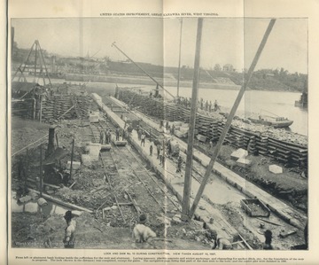 ' U.S. Improvement, Great Kanawha River, West Virginia. From left or abutment bank looking inside the cofferdam for the weir and abutment. Laying masonry, placing concrete and wicket anchorage, and channeling for anchor ditch, etc., for the foundation of the weir in progress. The lock (shown in the distance) was completed, except the gates. The navigation pass (being that part of the dam next to the lock) and the center pier were finished in 1896.'