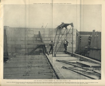 'U.S. Improvement, Great Kanawha River, West Virginia. Inside the cofferdam for the weir part of the dam, after the wickets and service bridge had been placed. Showing four wickets and two trestles standing next to the center pier. One of the wickets is 'on the swing' (en bascule). Vertical height of weir wicket above sill, 8 feet 6 inches; width between centers, 4 feet. Weir bridge trestles 12 feet high, spaced 8 feet apart.'