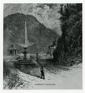 An illustration depicting a scenery around the Clement's fountain in Buckhorn wall area; it is copied from J.G. Pangborn's Picturesque B. &amp; O., Historical and Descriptive (Chicago, 1883), p. 275.