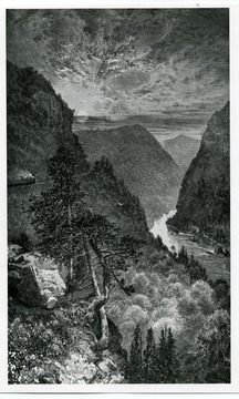 An illustration depicting a locomotive engine running along the Cheat River; it is copied from J.G. Pangborn's Picturesque B.&amp; O., Historical and Descriptive (Chicago, 1883), p. 277.