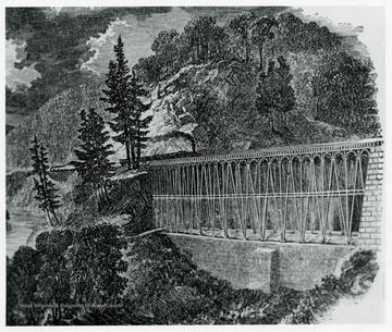 'An illustration depicting a scenery on Cheat River copied from William Prescott Smith's The Book of the Great Railway Celebrations of 1857 (n.x. 1858), facing p. 162. View on 'Cheat River Grade At the Tray Run Iron and Stone Viaduct, 25.7 Miles from Baltimore.'