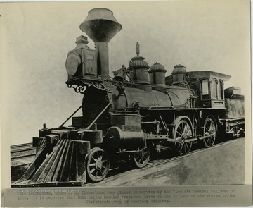 'This locomotive, named J.H. Timberlake, was placed in service by the Virginia Central Railroad in 1855. It is reported that this engine handled President Davis on one of more of his visits to the Confederate Army of Northern Virginia.  Train Running Under Confederacy By Carter S. Anderson, Train Conductor, Virginia Central Railroad. (Published in Locomotive Engineering, April 1893, F. 177) In handling the Confederate soldiers from Richmond, Va. to Gordonsville, Va., 18 trains of about 15 cars each were made up at Richmond to take care of this movement, which consisted of freight cars of all descriptions, with one passenger car at the rear of each train to be occupied by officers, the conductor riding there also, and acting as rear brakeman generally. Below is a list of locomotive engineers and locomotives which took part in the story of our country, and in adversity played well their part, which may be interesting to some of the older employees of the Chesapeake and Ohio Railway Company: 'Staunton,' Engineer Martin R. Alley; 'Albemarle,' John M. Kraft; 'J.H. Timberlake,' John Harton; 'John Timberlake,' Robert Murray; 'Westward Ho,' John Davidson; 'E.H. Gill,' Geo. W. Pelter; 'Chas. Ellett,' John Dunn; 'Greenbrier,' Raymond T. Dunn; 'Millboro,' Seth McCandlish; 'Stuart,' Wm. Keaton; 'W.M. Baldwin,' Simon Ailstock; 'C.G. Coleman,' L.S. Allen; 'E. Fontaine,' R.J. Goodwin; 'C.R. Mason,' Westley P. Huntley. You will note that my father, Robert Murray, manned the Locomotive, 'J.H. Timberlake' (picture shown above), which was placed in service on the Virginia Central Railroad in 1855. It is also reported that this locomotive handled President Davis on one of his visits to the Confederate Army headquarters located in Northern Virginia.'