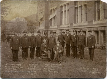 1. I.M. Kelly, Major; 2. E.L. Stealy, Chief Police; 3. J. Howe, Lieut.; 4. P.H. Shields, Clerk; 5. R. Brooks; 6. W. Myers; 7. J.T. Boggess; 8. J. Sees; 9. H. Lewis; 10. J.L. Cunningham; 11. George Crawford; 12. A. Lyons; 13. Wade Huff.