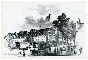 'Richmond, Frederickburg and Potomac Railroad leaving station when it was located at 8th and Broad Street, Richmond Virginia.  Virginia Central Passengers came in via Richmond, Fredericksburg and Potomac R.R. by way of Hanover Junction or DOSWELL Virginia until Virginia Central tracks were built into Richmond operating as of 1851.  Photo is from sketch made by J.R. Hamilton, which appeared in Harper's Weekley as of Oct. 14, 1865.'