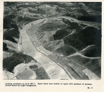 'Looking southwest at mile 220.1.  Boyer ferry near middle of upper left quadrant of picture.  Little River in right background.'