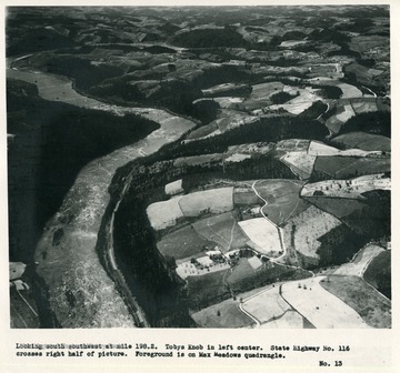 'Looking south southwest at mile 198.2.  Tobys Knob in left center.  State Highway No. 116 crosses right half of picture.  Foreground is on Max Meadows quadrangle.'