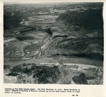'Looking up Big Reed Island Creek.  Dry Pond Mountain to left; Macks Mountain to right.  Branch of Norfolk &amp; Western extends up Little Reed Island Creek in right center of picture.'