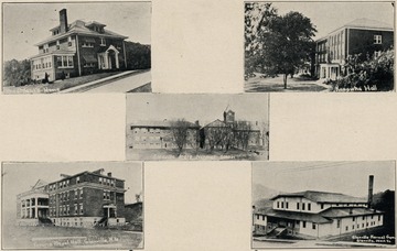 Top left: Presidents home, top right: Kanawha Hall, middle: Glenville State Normal School, bottom left: Verona Mapel Hall, and bottom right: Glenville Normal Gym.