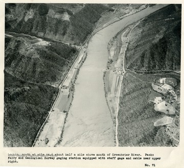 'Looking south at mile 64.6 about half a mile above mouth of Greenbrier River.  Packs Ferry and Geological Survey gaging station equipped with staff gage and cable near upper right.'