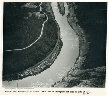 'Looking east southeast at mile 55.8.  Main line of Chesapeake and Ohio to left of river.'