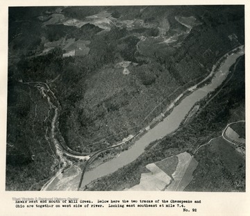 'Hawks Nest and mouth of Mill Creek.  Below here the two tracks of the Chesapeake and Ohio are together on west side of river.  Looking east southeast at mile 7.4.'