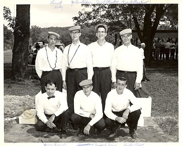 Standing, left to right:  Lowell Kelly, Jr. VanGilder, Ferrel Mackey, Frank Martino; Kneeling, left to right: James Gemondo, Howard Davis, Dick Miles.