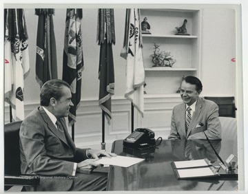 Senator Robert C. Byrd sitting and talking with President Richard Nixon.  Byrd Papers duplicate.  Originals at the R. C. Byrd Center for Legislative Studies at Shepherd University.