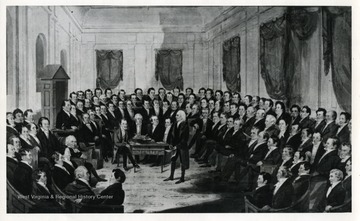 'Alexander Campbell in the Virginia Constitutional Convention, 1829-1830: Photograph of George Catlin's painting of the Virginia Constitutional Convention.  Campbell is the seventh person from the right in the back row.  Though Campbell had strong reservations about entering politics, he was prevailed upon to do so to speak out regarding slavery, democratizing the government, and public school education for all children.'