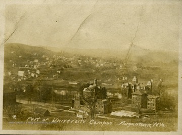 Looking down on Woodburn Circle on WVU Downtown campus: from further left Commencement Hall, Agricultural Experiment Station, Martin Hall, Woodburn Hall and Chitwood Hall.