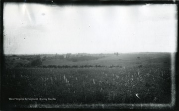 '113.D.67; July 31, 1884, Thursday 5:00 pm; Winchester is in the distance on the left. The house is known as the Dinkler house. Its present occupant was with us while we were taking this view. A piece of our road from Winchester is visible on the left and on the slope just in front of it is the sandy knoll from which No. 110 was taken the line of the road across the view is marked by the bushes.'