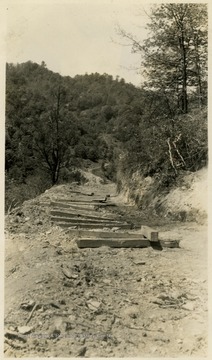 A picture of railroad ties without the tracks.