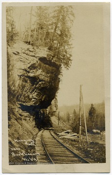 A spectacular view of Hanging Rock over a railway in Buckhannon, W. Va..
