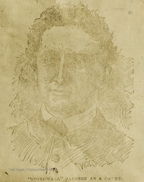 'The above portrait appeared in the Wheeling Register on Sunday February 3rd, 1895. If it is a copy of a true portrait made of Jackson as a cadet it is the earliest known picture in existence. Examination and other evidence indicate however, that it is simply a pen sketch made from the Mexico City portrait.; This appeared along with a copy of the 1862 Winchester portrait; a picture of his birthplace in Clarksburg; the stone marking the spot where he fell at Chancellorsville; and the house in which he died at Guinea Station.; The article is captioned "Personal Recollections of 'Stonewall' Jackson" and is by John G. Gittings, late adjutant of the 31st. Virginia Infantry, and Major of Confederate Cavalry. The text is the same as appears in the sketches by the same writer.'