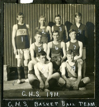 Members of Clarksburg High School Basket Ball team; from left to right: 1) Reves; 2) Hugill; 3) Powel; 4) Coffman; 5) Harrison; 6) Garret; 7) Heavner; 8) Smith; 9) Crummit.
