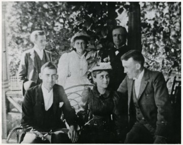 'Back row: Jim Ewing, Louise Moderwell, and Gov. A. B. Fleming; Front Row: Brad Clarkson, Gypsy Fleming, Fay Hartley (married Louis Moderwell); Oh, Gypsy! "Or light or dark, or short or tall, She sets a springe to snare them all; All's one to her - above her fan, She'd make sweet eyes at Caliban."'