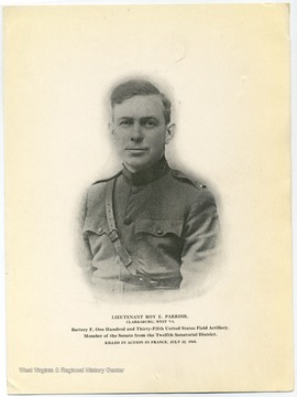'Battery F, One Hundred and Thirty-Fifth United States Field Artillery. Member of the Senate from the Twelfth Senatorial District. Killed in action in France, July 22, 1918.'