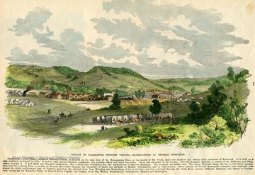 A colored, wood craving illustration of Clarksburg, Va. (later West Virginia) and Union General William Rosecrans' headquarters during the first months of the Civil War. The Federal objective was to hold railroad lines and turnpike thruways. The Confederate aims were to take them back.