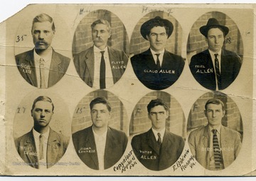 Top row from left to right: Sidna Allen; Floyd Allen; Claud Allen and Friel Allen, Bottom row from left to right: Wesley Edwards; Sidna Edwards; Victor Allen and Bird Marion.  Possibly Randolph County, W. Va.
