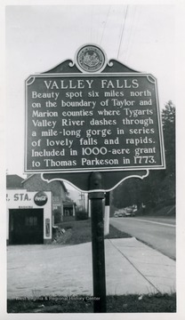 "Beauty spot six miles north on the boundary of Taylor and Marion counties where Tygarts Valley River dashes through a mile-long gorge in series of lovely falls and rapids.  Included in 1000-acre grant to Thomas Parkeson in 1773."