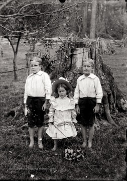 A portrait of two boys and a girl taken outdoor in front of a tree stump, Helvetia, W. Va.
