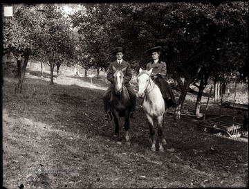 A portrait of man and woman on horseback taken in orchard.