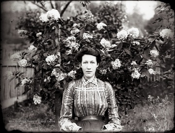 A portrait of woman sitting just below flowering hydrangea.