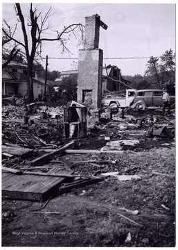 Aftermath of the tornado of 1948 in Mount Clare, the hearth stands alone after the house is was destroyed.